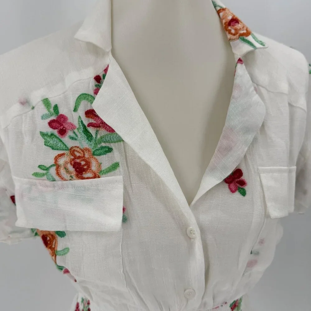 Floral Embroidered White Button-Front Midi Dress With Elastic Waist By J. Gee Si - Picture 3 of 5